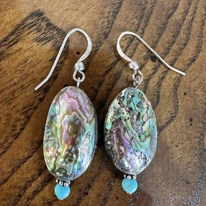 VTG Hook Dangle Earrings 2" Natural Abalone Shell Sterling Silver Beads Accent - Picture 1 of 7