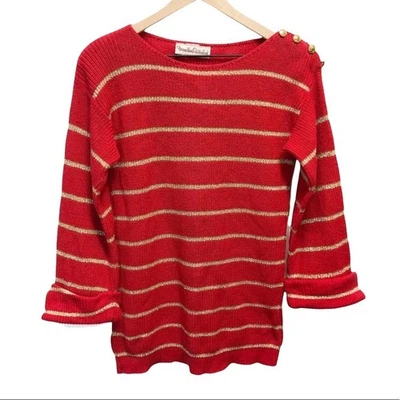 Diane Von Furstenberg Vintage red with gold stripes cuffed sleeves sweater MED - Image 1 of 4