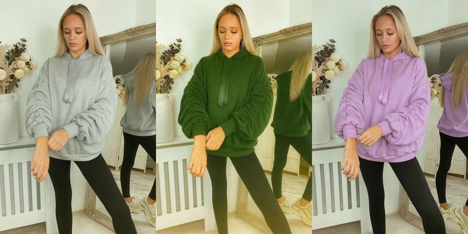 Felpa donna oversize con cappuccio maglione con nastro donna manica increspata - Immagine 1 di 1