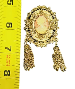 Vintage Gold Tone Cameo Brooch Pin with Tassel Chains – Ornate Floral Frame - Picture 1 of 12