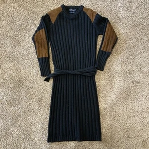 Vintage Ralph Lauren Sweater Dress Medium Wool Knit Leather Patches With Belt - Picture 1 of 10