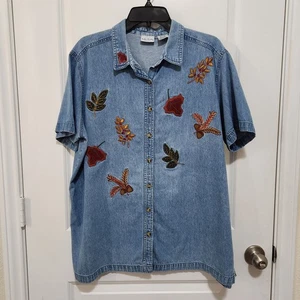 Vintage Bobbie Brooks Chambray Kurzarmhemd mit Knopfleiste bestickt Herbstblätter - Bild 1 von 9
