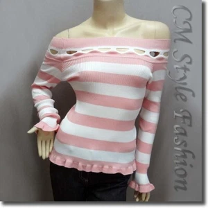 Stripey Wide Neckline Peekaboo Stretchy Ribbed Top Pink White XS~S - Picture 1 of 4