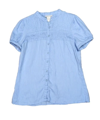 Tweeds 100% Linen Blouse Button Front Pintuck Smocking Puff Sleeve Sky Blue Sz M - Image 1 of 4