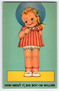 How About It Big Boy I'm Willing Child Postcard Vintage Linen C-233 Cute Unused - Picture 1 of 2