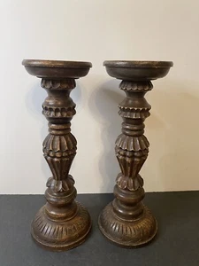 Vintage Pair of Hand Carved Wood Pillar Candle Holders 12” India - Picture 1 of 7