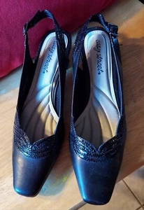 EASY STREET "STUNNING" SLINGBACK PUMPS LOW HEEL BLACK PATENT W/TRIM SZ 7M NIB - Picture 1 of 8