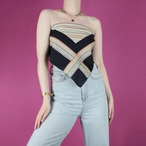 VINTAGE 70s 80s Stripe Geometric Scarf Blouse Crop cami tank tie Top XS Small - Picture 1 of 6