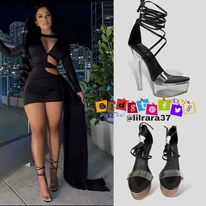 High Crystal Platform Peep Toe Ankle-Wrap Buckle Strap Nightclub Party Shoes 6.5 - Picture 1 of 12