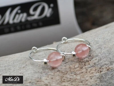 Earrings, pair of handmade hoop earrings with sterling silver & cherry quartz. - Image 1 of 4