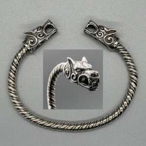 Wolf Head .925 silver torc bangle mjolnir biker viking oath ring arm pagan - Picture 1 of 5
