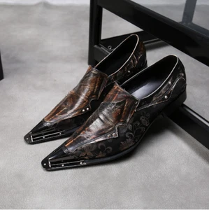 Mens Business Formal Leather Slip On Pointed Toe Metal Dress Nightclub Shoes - Picture 1 of 10