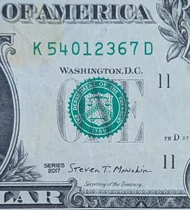 2017 $1 bill fancy serial, complete scattered mixed ladder 0 to 7. 54012367 - Picture 1 of 3