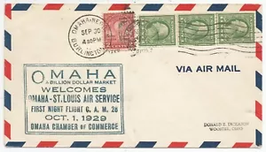 Washington 1-cent joint line strip on 1929 Omaha-St. Louis first flight cover - Picture 1 of 2
