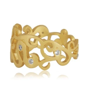 18K Yellow Gold Plated Cubic Zircon Filigree Band Ring Jewelry For Engagement - Picture 1 of 6