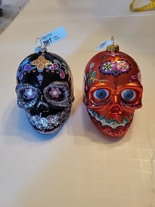 Pier 1 Day of the Dead Floral Sugar Skull Halloween Ornament Orange Black Lot 2 - Picture 1 of 10