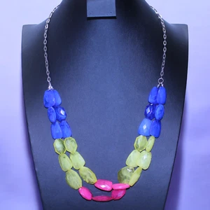 Resin Statement Halskette 2 Strang Lagenlook Silberfarben Verstellbar Edelsteinform - Bild 1 von 7