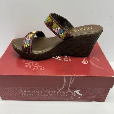 Italian Shoemakers Platform Sandals Orchid High Wedge Multi Beaded/Brown Sz 8 - Image 1 of 4