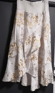Once Was Maxi Linen Blend Skirt, White, Gold Embroidery, Beas , Flowers, 3(12) - Picture 1 of 8