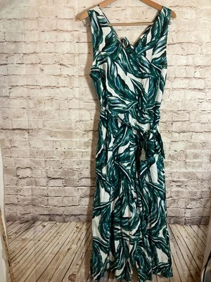 Who What Wear Linen Jumpsuit XL Green Tropical Palm Trees Open Back Wide Leg - Image 1 of 4