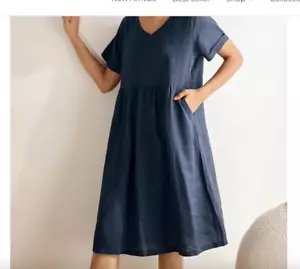   BRAND NEW Linen ,  Lintico, Midi blue dress with 2 side pockets, short sleeve  - Picture 1 of 6