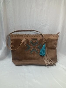 Catchfly türkis & braun Leder Handtasche geflochtenes einheimisches Muster mit Quasten 12 x 11 Zoll - Bild 1 von 8
