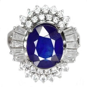 925 STERLINGSILBER BLAUER SAPHIR OVALE EDELSTEINE 12 X 10 MM. & WEISSER CZ RING GRÖSSE 7,5 - Bild 1 von 6
