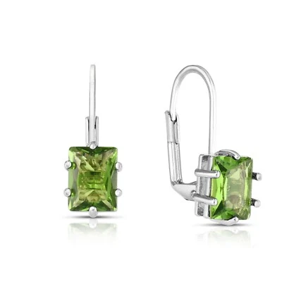 2Ct Emerald Cut Simulated Peridot Drop Dangle Earrings 14k White Gold Plated - Image 1 of 2