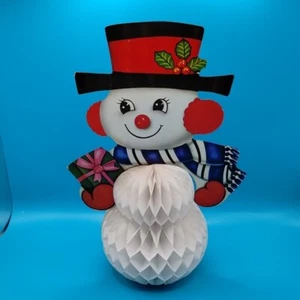 Vtg Christmas Snowman Holding Present Honeycomb Table Centerpiece Decoration - Picture 1 of 12