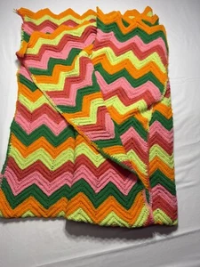 B2 Crocheted 1970S Afghan Chevron Pattern Neon Colors Decent Shape 48 “x 62” - Picture 1 of 2