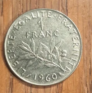 1960 France 1 Franc The Sower National Emblem, Olive Branch 6g 24mm Nickel Coin - Picture 1 of 10