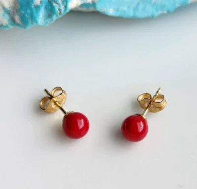 Natural Red 5mm Coral Small Stud Earring 14k Yellow Filled - Image 1 of 3