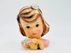 1960s Enesco Delsey Girl Head Vase Brown Hair With Pink Blue Flowers - Picture 1 of 8