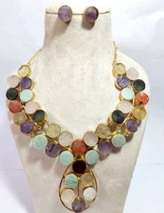 Multi Stone Necklace With Stud Gemstone Necklace Round Stone Necklace Jewelry. - Picture 1 of 6