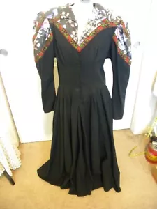 vintage 1980's MENU dress drop waist full skirt black with flowers Sz 8/10 - Picture 1 of 7