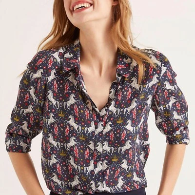 Blusa Boden azul marinho coroa e country seda botão para baixo 4 cavalos britânica - Imagem 1 de 4