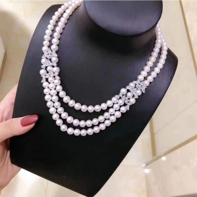 precioso collar de perlas blancas mar del sur 7-8 mm triple hebras 925s(t) Foto 1 de 3