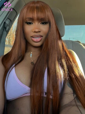 UNice Peruvian Brown Yaki Straight Human Hair Wig with Bangs Lace Wigs Layer Cut - Image 1 of 4