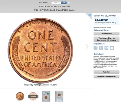 1909 PCGS PR65RB CAC $2,533 Auction Sale of THIS Slab! Lovely PROOF Lincoln Cent - Image 1 of 4