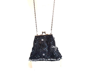 VALERIE STEVENS BLACK & GRAY BEADED EVENING KISSLOCK CLUTCH PURSE LONG CHAIN - Image 1 of 4