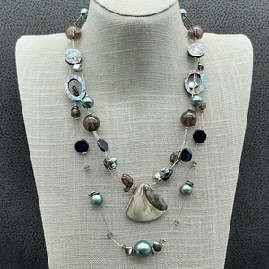 Chico's Multi Strand Shell Pendant Necklace Green Brown Bead Statement Jewelry - Picture 1 of 8