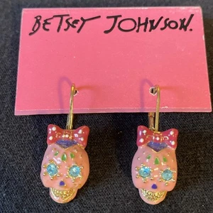 Sugar Skull Earrings Day of the Dead Pink Dangle By Betsey Johnson - Picture 1 of 5