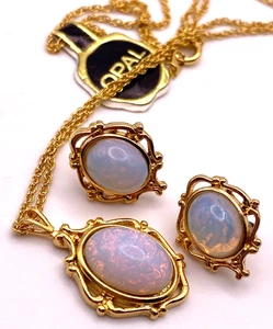Vintage goldfarben Opal Anhänger Halskette & Ohrring Set - Bild 1 von 4