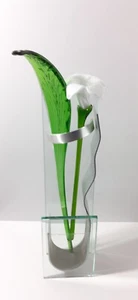 Art Glass White Flower & Green Leaf With Aluminium Glass Vase Home Decor Set - Foto 1 di 18
