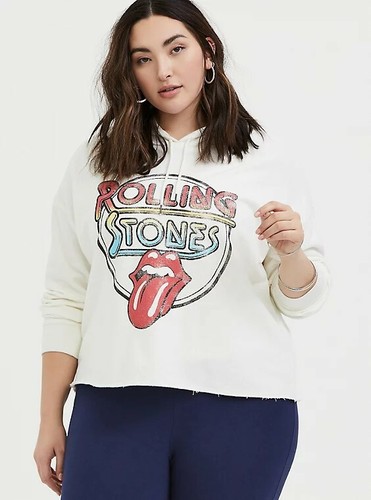 OFF WHITE Torrid Womans Plus Size Rolling Stones Ivory French Terry Band Crop Hoodie Sz 1X