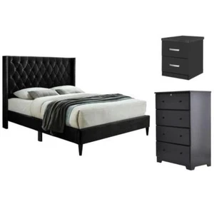 Home Square 3-Piece Set with Tufted Queen Bed 4-Drawer Chest Dresser Nightstand - Picture 1 of 21