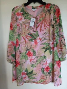 J Jill NWT 3/4 Sleeve Seashell Floral Print Blouse Tunic Sz MP Keyhole Neck NEW - Picture 1 of 3