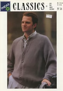 Phildar KNITTING PATTERN #24 Classics Men's Round Neck Cardigan w Raglan Sleeves - Picture 1 of 2