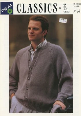 Phildar KNITTING PATTERN #24 Classics Men's Round Neck Cardigan w Raglan Sleeves - Image 1 of 2