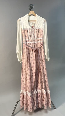 Antigo 70s Gunne Sac Prairie Longo Marrom Rosa Floral Renda Babado Corpete tamanho 9 - Imagem 1 de 4